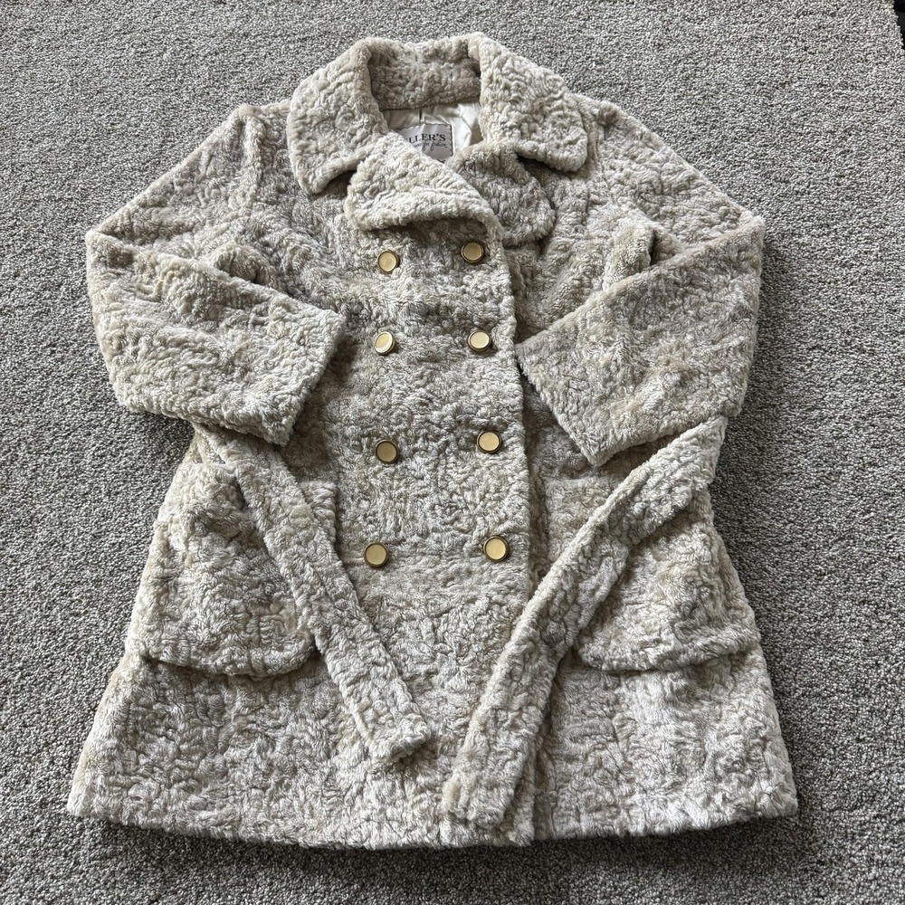 Vintage Miller's Coat Womens Large Beige Faux Fur Belted Double Breasted Lined